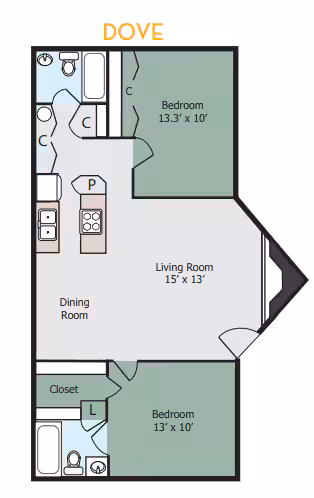2 Beds • 2 Bath 410C floor plan